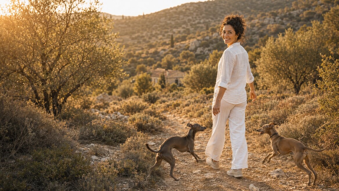 Beatrice walking through the Provence countryside with her two Italian Greyhounds at sunset.